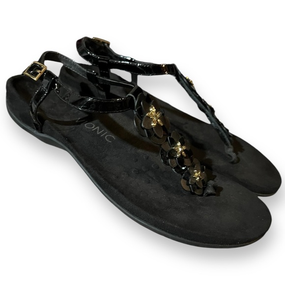 VIONIC T Strap Sandal Black Patent Leather 3D Flower Detail Strap  Size 10 - Picture 3 of 7